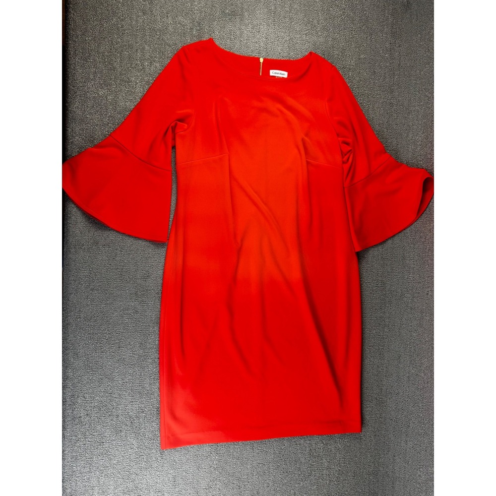 Calvin Klein Dress 16W Orange Bell Sleeve Sheath Knee Length Office Career Fall